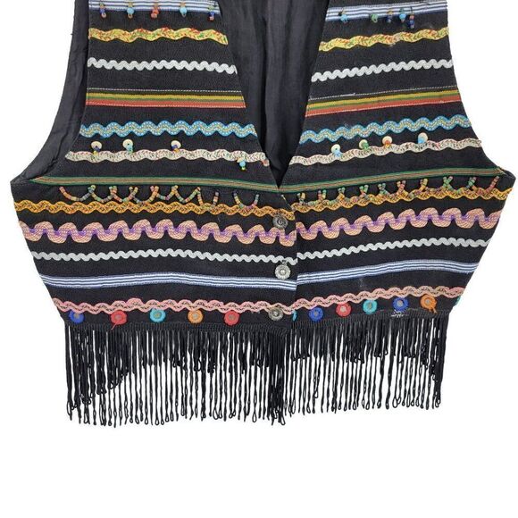 Vtg 80's Womens Vest Cropped Multimedia Beaded Fringed Art To Wear Boho Blk Sz M - Picture 6 of 6